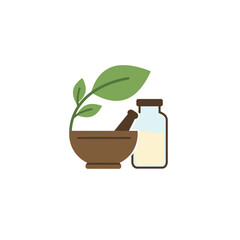 Ayurvedic medicine composition with a mortar pestle fresh herbs and a glass vial.