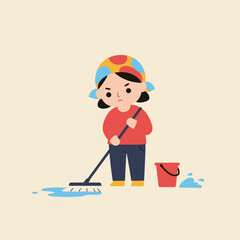 Grumpy cartoon cleaning lady in a colorful bandana mopping a wet floor with a mop and bucket.