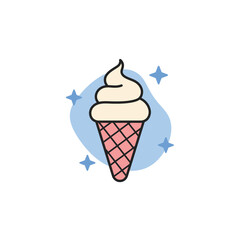 Cartoon soft serve ice cream with a swirled cream top in a pink waffle cone illustration.