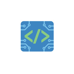 A flat design coding icon featuring a green code symbol on a blue circuit board background.