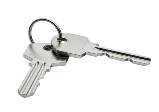 Polished silver car and house keys on a metal key ring, sharp focus, isolated on a transparent seamless studio background with soft grey gradient, copy space. Concept of access and security