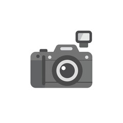 Minimalist grey digital camera icon with an attached external flash unit Flat vector graphic illustration.