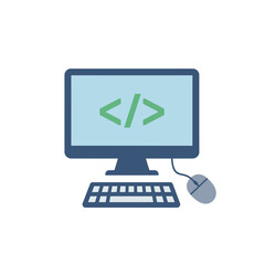 Flat design desktop computer with keyboard and mouse displaying a green coding symbol on its blue screen representing programming.