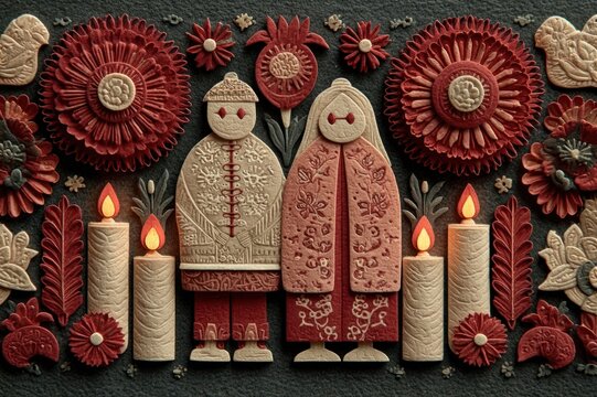 All Saints Day postcard in paper cut style with candles and floral motifs