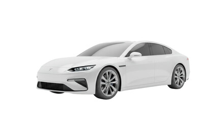 Obraz premium Sleek ultra-modern minimalist white sedan, pristine and reflective, captured with high-key soft diffused lighting in a transparent studio, concept of futuristic sustainable transportation