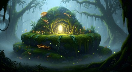 Mysterious mosscovered mound with a glowing entrance in a foggy, ancient forest setting
