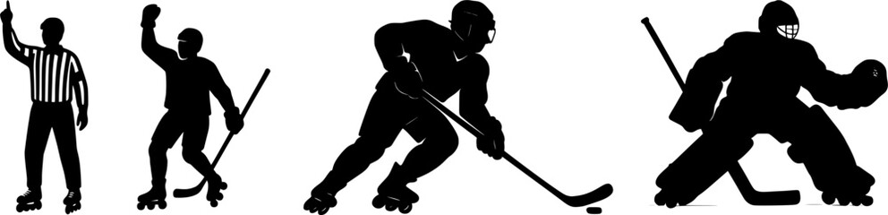 Silhouettes of roller hockey players in action. Vector illustration for sports design, team competition, training graphics, logos, infographics, and modern projects