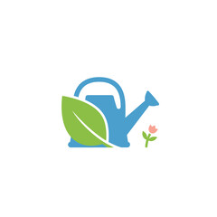 Gardening concept icon with a blue watering can a large green leaf and a small pink flower.