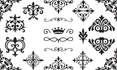 Black Ornate Frame Elements with Crowns and Floral Patterns