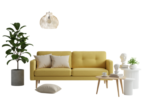Elevated shot of modern muted yellow sofa, beige pillows, leafy plant, and styled side tables on a transparent background, concept of sophisticated minimalism