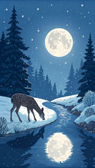 Fawn drinks from moonlit river in snowy forest drinking