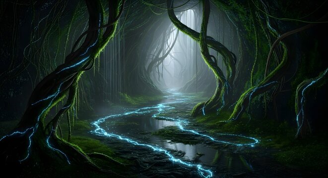 Enchanted forest path with glowing blue magical stream and ancient trees in mystical light - Powered by Adobe
