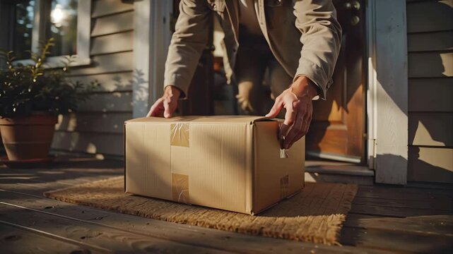 Hands placing box by front door on wooden porch in warm sunlight, concept of delivery service and home logistics