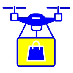 Modern vector illustration of drone carrying a parcel with shopping. Great for online shopping icons, futuristic retail delivery and express delivery concepts