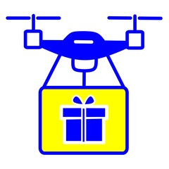 Vector illustration of a drone carrying a wrapped gift box with a ribbon. Perfect for online gift shops, holiday delivery services, and futuristic courier solutions.