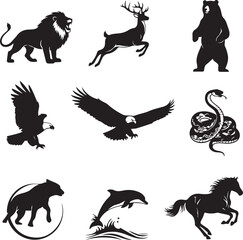 Dynamic Animal Silhouettes Collection Featuring Lion, Deer, Bear, Eagles, Snake, Hyena, Dolphin, and Horse in Bold Black Designs