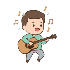 Cute chibi cartoon boy with brown hair happily playing an acoustic guitar and singing.