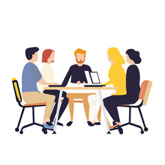 Obraz premium Group of colleagues collaborating around meeting table with laptop in modern office teamwork discussion concept flat vector illustration