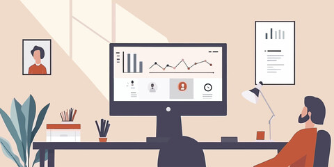 Remote work home office setup with man analyzing business data charts on desktop computer in minimalist room interior vector illustration