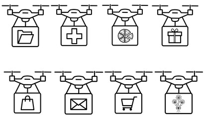Minimalist line vector icons showing drones carrying different packages such as letters, food, gifts, groceries, and medical supplies. Suitable for infographics, UI/UX design, mobile apps, presentatio