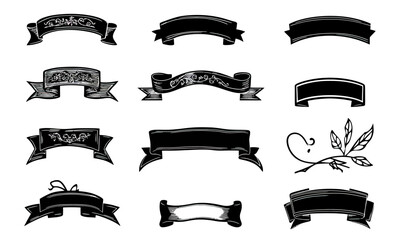 Set of 12 black vintage banner and ribbon designs with ornamental flourishes and minimalist flat style decorative elements for decorative use