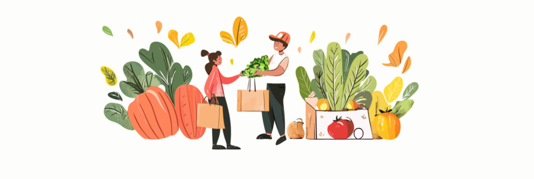 Man delivering fresh organic vegetables and groceries to woman in flat minimalist style with autumn leaves and reusable bags for eco friendly food shopping and delivery concept