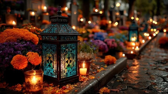 All Saints Day with burning candles inside lanterns and festive colorful cemetery decorations - Powered by Adobe