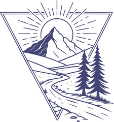 Minimalist mountain landscape with sun rays and pine trees inside a triangle frame. Scenic nature design featuring a winding river path. Perfect for outdoor adventure and travel themes.