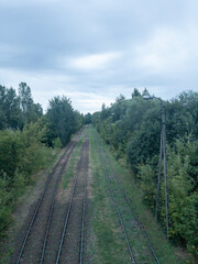 Fototapeta premium Multiple railway tracks running through a green forest corridor under an overcast sky, elevated view with vanishing point