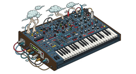 Analog synthesizer with surreal cloud elements in isometric style