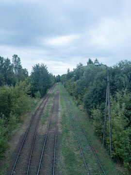 Multiple railway tracks running through a green forest corridor under an overcast sky, elevated view with vanishing point