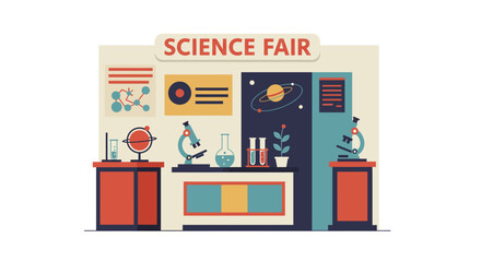 Colorful science fair exhibit with laboratory equipment and educational posters