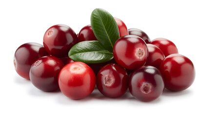 Heap of fresh cranberries with green leaf isolated on white background
