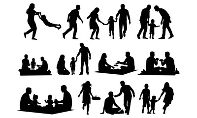 Happy family picnic silhouettes, parents with children, outdoor leisure, bonding together, playing kids, park lifestyle, joyful activities, family time, relaxation moments