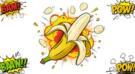 Dynamic banana in pop art style with comic book effects