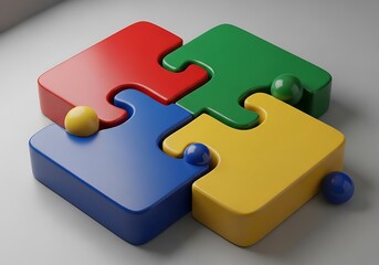 Four colorful puzzle pieces connected with small balls interlocking jigsaw puzzle pieces