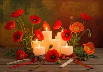 Candles and poppies create a peaceful remembrance day still life arrangement