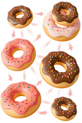 Colorful donuts arranged creatively with varying flavors and toppings in a playful display