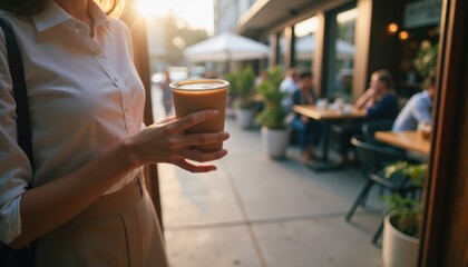 Female hand holding cappuccino with latte art in paper cup in front of blurred cafe shop terrace on sunny morning. Businesswoman having break with take away coffee, woman going to work.