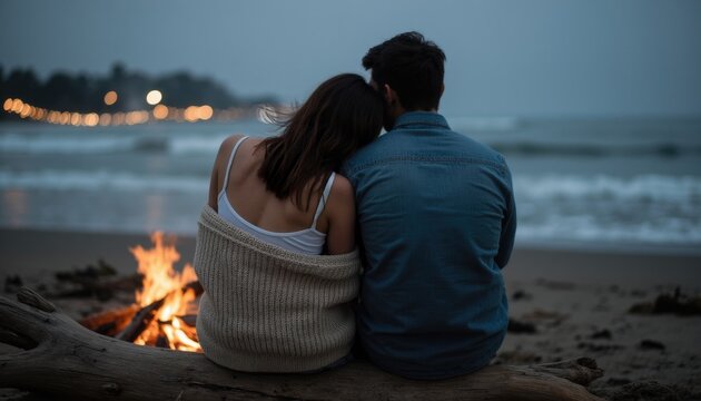 Young couple embracing warmly by bonfire on sandy beach at dusk, enjoying romantic ambiance and peaceful sound of waves on the shore. Concept of love and get away. - Powered by Adobe