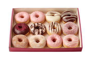 the pink box contains six white and five chocolate doughnuts, decorated with various patterns such as flowers or stripes,  isolated on a transparent background in PNG format.
