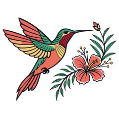 Obraz premium A colorful hummingbird hovering near a vibrant hibiscus flower with green leaves on a black background created with generated ai