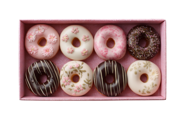 the pink box contains six white and five chocolate doughnuts, decorated with various patterns such as flowers or stripes,  isolated on a transparent background in PNG format.