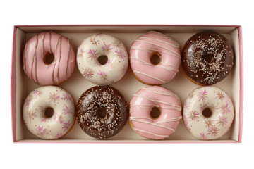 the pink box contains six white and five chocolate doughnuts, decorated with various patterns such as flowers or stripes,  isolated on a transparent background in PNG format.