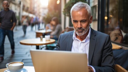 Senior businessman with white hair working on laptop, sitting at table in outdoor cafe, enjoying cup of cappuccino and city atmosphere. Concept of remote work and home office.