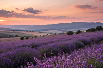 Obraz premium Peaceful Countryside Scene with Lavender Field, Lone Tree, and Warm Sunset Colors