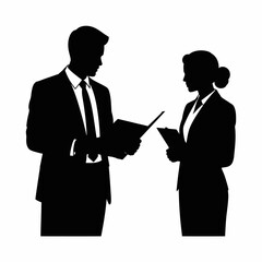 Fototapeta premium Business professionals in silhouette discussing documents and tablet