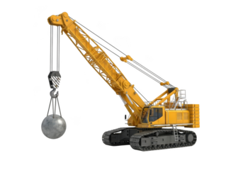 A yellow crane with wrecking ball isolated on transparent background