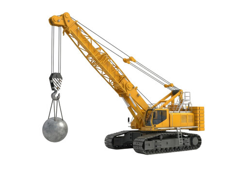 A yellow crane with wrecking ball isolated on transparent background