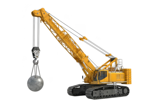 A yellow crane with wrecking ball isolated on transparent background